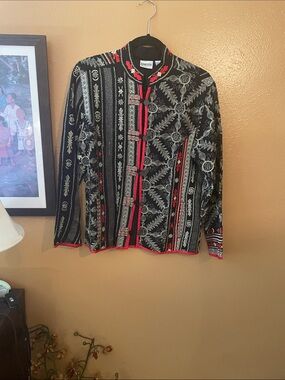 Chico's Black Jacket with Red Trim and Silver Embroidery